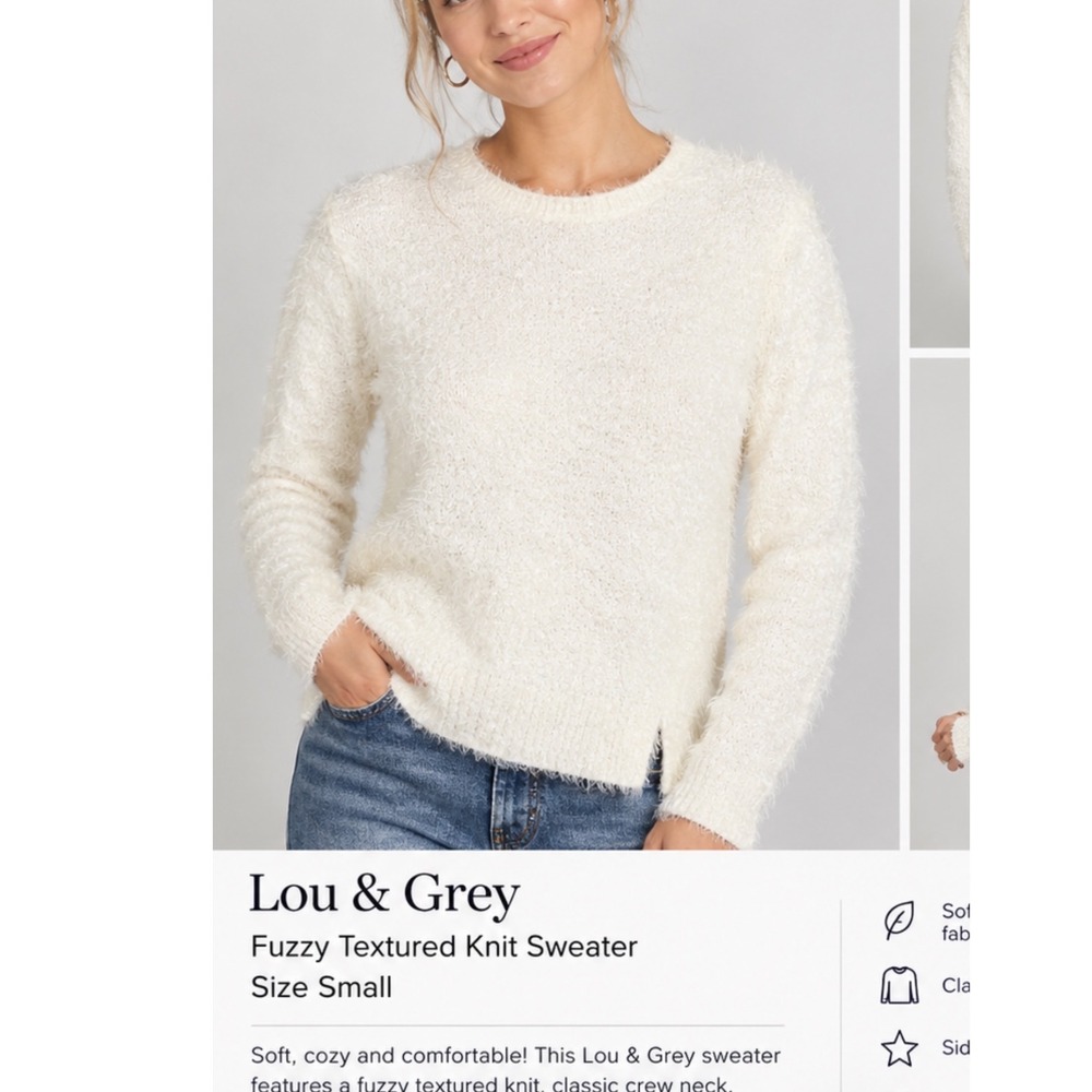 Lou & Grey Womens Cream Eyelash Knit Fuzzy Sweater Crew Neck Small 387747